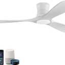 52”Smart Low Profile Ceiling Fans with Lights Remote, Quiet DC Motor, Outdoor Indoor Flush Mount Ceiling Fan, Control with WIFI Alexa App, Dimmable, 6-speed,3 White Wood blades, for Modern Bedroom Patio