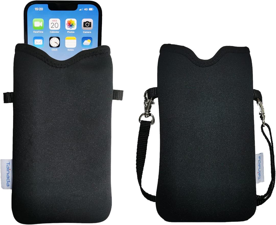 Tainada Men Women Neoprene Phone Sleeve Pouch Case Bag with Crossbody Strap/Neck Lanyard for iPhone 17/16/15 Pro Max, Air, 16/15 Plus, 16e; Samsung S25, A56, Google Pixel 10 (Black)