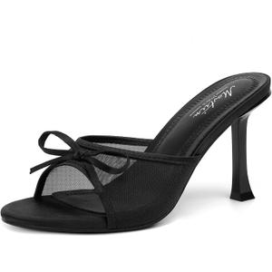 Mostrin Black Mesh Mules Heels with Bow Open Round Toe Stiletto High Heels for Women Dress Slip On Backless Heeled Sandals for Party Holiday, Size 7