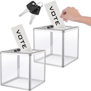 2 Pcs 6 x 6 x 6 in Acrylic Donation Raffle Box with Slot & Lock, Large Clear Ballot Offering Suggestion Ticket Container for Fundraising Drawing Tip Jar Voting (Clear)