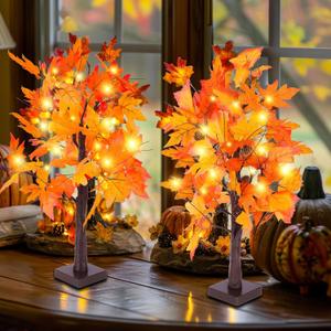 Christmas Maple Tree with Lights, 2 Pack 25'' New Year Indoor Decorations Artificial Fall Trees for Home, Table Decor USB & Battery Operated Autumn Tree with Acorns, Pine Cones, Halloween Pumpkin
