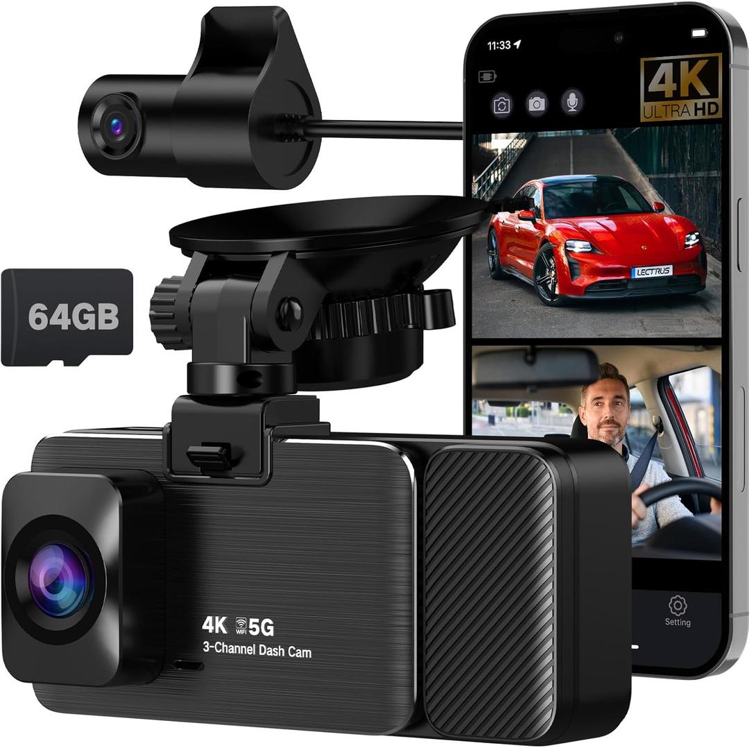 3 Channel 4k Dash Cam Front and Rear and Inside, Car Mount Dash Camera with WiFi, 64GB Card, Night Vision, App Control, Loop Recording, G-Sensor, 3" IPS Screen