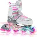 2PM SPORTS Cytia Pink Girls Adjustable Illuminating Inline Skates with Light up Wheels, Fun Flashing Beginner Roller Skates for Kids (Small - Little Kids (10C-12.5C US), silver)