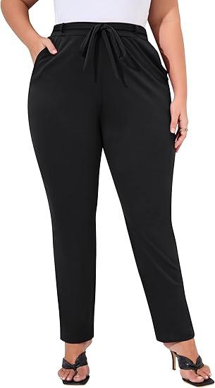 YesFashion Plus Size Tapered Long Pants Women Tie Front Elastic Waist Stretchy Side Pockets Casual Work Black 4XL