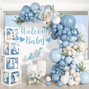 153pcs Dusty Blue Balloon Baby Shower Decorations for Boy | Blue White Sand Balloon Arch Kit Baby Boxes with Letter Welcome Baby Banner for Wedding Gender Reveal Birthday Party Supplies