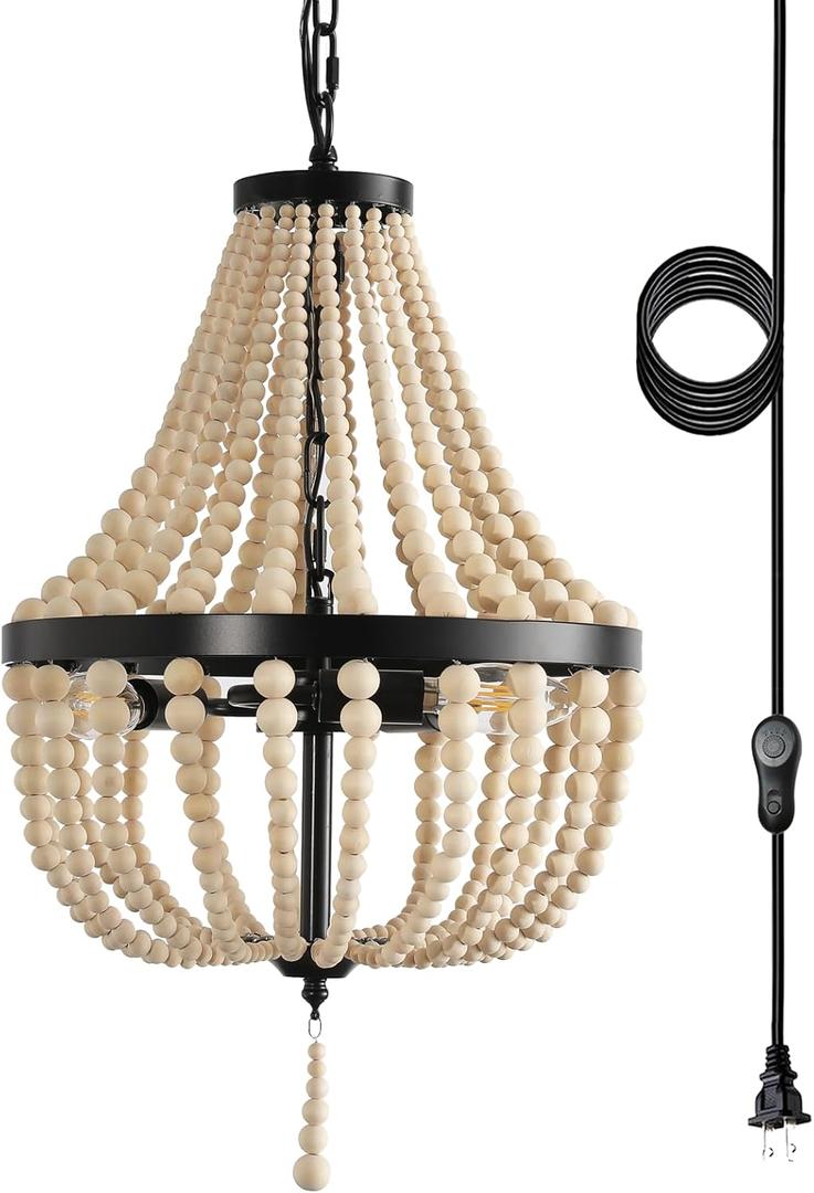 3-Light Plug in Chandelier Dimmable and Timer Mini Wood Beaded Bohemian Pendant Light Fixture with 16.4ft Swag Cord,Black Metal Finish Natural Color Beads,Dining Room,Living Room,Foyer,Bedroom (Plug in-3 Light)