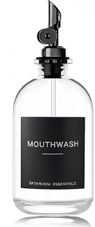 HomeFeel Black Glass Mouthwash Dispenser with Cups, 12.7 oz, 1 Pack - Clear Mouthwash Bottle with 304 Stainless Steel Spout & Minimalist Labels, Style Mouthwash Container for Bathroom