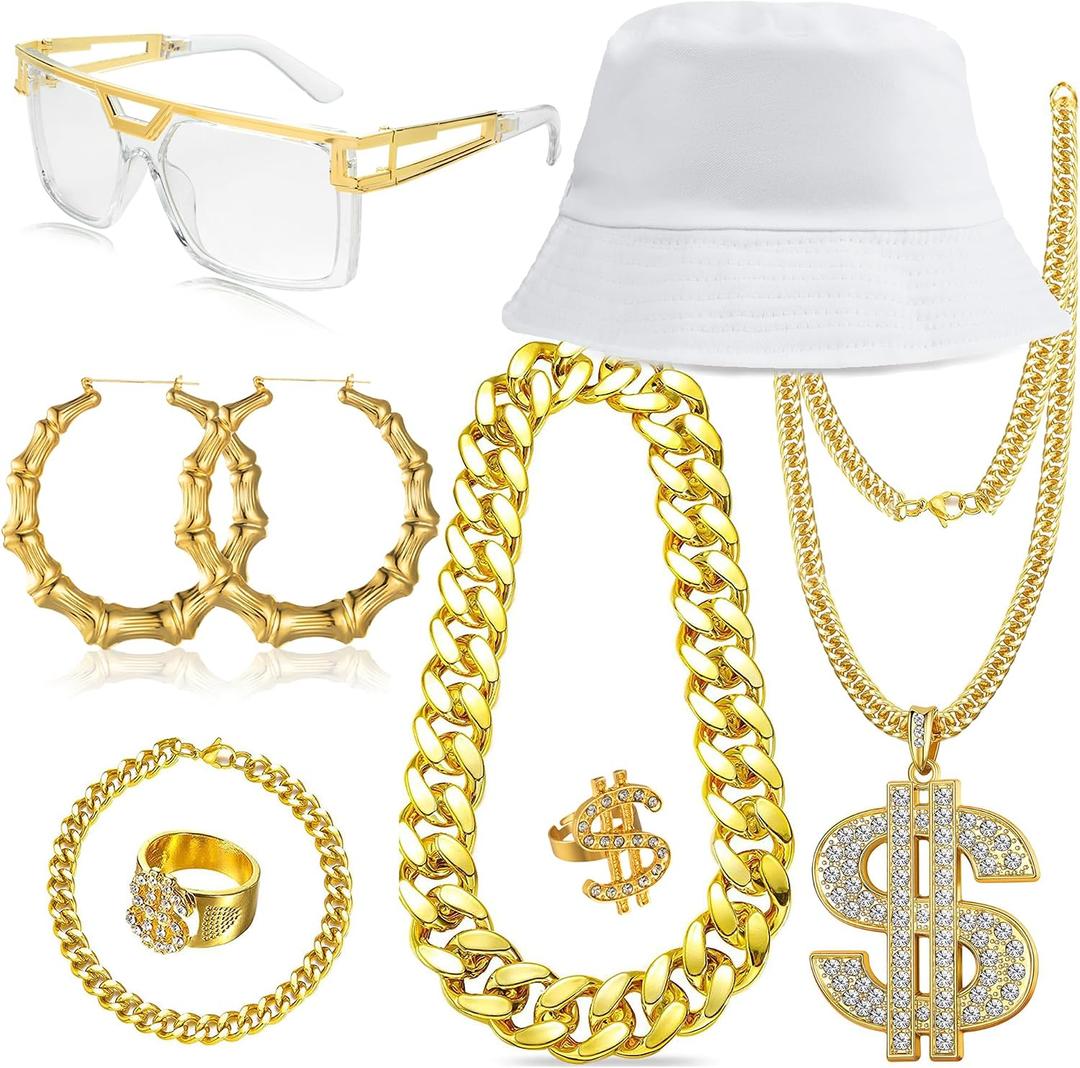 GIFIKOI 80 90s Accessories Outfit for Woman Hip Hop Costume Kit Old School Rapper Golden Chain Necklaec Big Hoops Jewelry