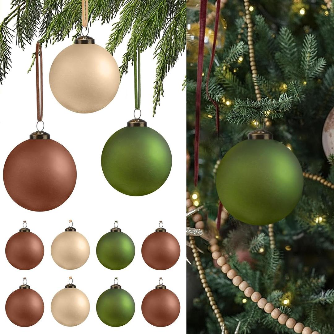 Soulchen 24 Pcs 2.36 Inch Neutral Frosted Glass Christmas Ball Ornaments Decor Hand Blown with Velvet Ribbon for Xmas Tree Vintage Rustic Farmhouse Decoration Beige, Light Brown, Green