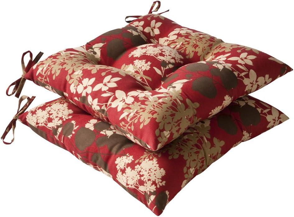 Pillow Perfect Floral Indoor/Outdoor Chair Seat Cushion with Ties, Tufted, Weather, and Fade Resistant, 18.5" x 19", Brown/Red Montifleuri, 2 Count