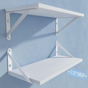 COCOYA Wall Shelves 7.3" Deep Set of 2, Solid Paulownia Wood Wider Longer Sturdy Easy to Install Wall Mounted Bookshelves Storage Shelves Bathroom Storage Office Laundry Room Bedroom Organizer White