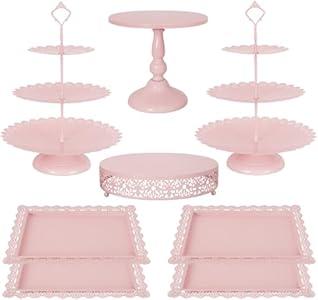 Fivenl 8 Pcs Cake Stand Pink Metal Dessert Table Display Set, 3-Tier Cupcake Stand, Cake Display Tower and Cookie Tray Rack Serving Tray for Birthday Party, Weddings, Baby Shower (Pink)