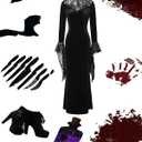 Women Morticia Halloween Dress Long Sleeve Off Shoulder Maxi Dress (Black, L)