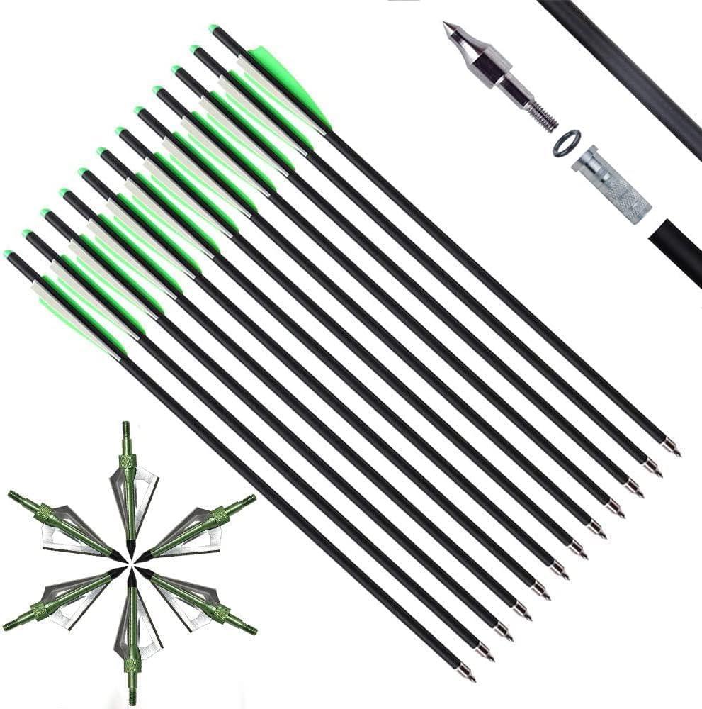 IRQ 20 Inch Carbon Crossbow Bolt and Crossbow Broadheads Set, 12 Pcs Hunting Carbon Arrows for Crossbow with 3 Blade Broadheads 6 Pcs for Archery Practise Hunting Crossbow Arrows