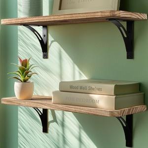 Reinforced Steel Bracket Room Shelves for Bedroom Wall - Easy to Install, Template and Video Included - Wall Mounted Rustic Wood Shelves for Bathroom, Home Decor