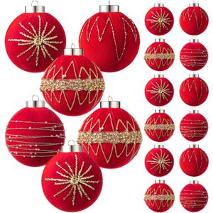 Suncalla 12 Pcs Red Velvet Christmas Ornaments 80mm/ 3.2 Inches Large Neutral Flocked Ball Hanging Ornament Xmas Balls Set for Christmas Tree Decorations Party Hanging Decor