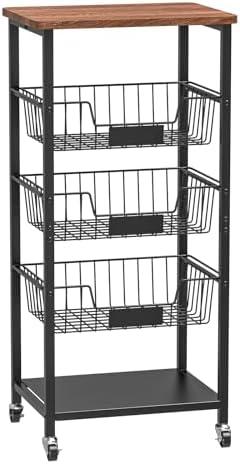 Hastatii Kitchen Storage Cart, Kitchen Basket, 5-Tier Utility Organizer with Baskets and Wood Top, Rolling Snack Cart with Wheels, Metal Black
