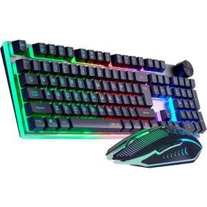 Wireless Gaming Keyboard with knob and Mouse Combo USB Dongle 2.4G Rechargeable 3000mAH Battery RGB Backlit Stainless Panel 4200DPI Side Button Mice for PC Laptop Compatible with Windows 8/9/10 MacOS