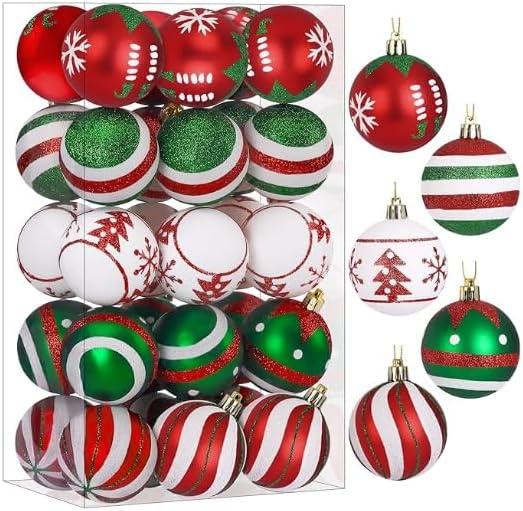 SHareconn 30ct 2.36 Inch Christmas Tree Colored Balls Ornaments, Shatterproof Plastic Decorative Xmas Baubles Decorations for Tree Holiday Decor(Red and Green White, 60mm)