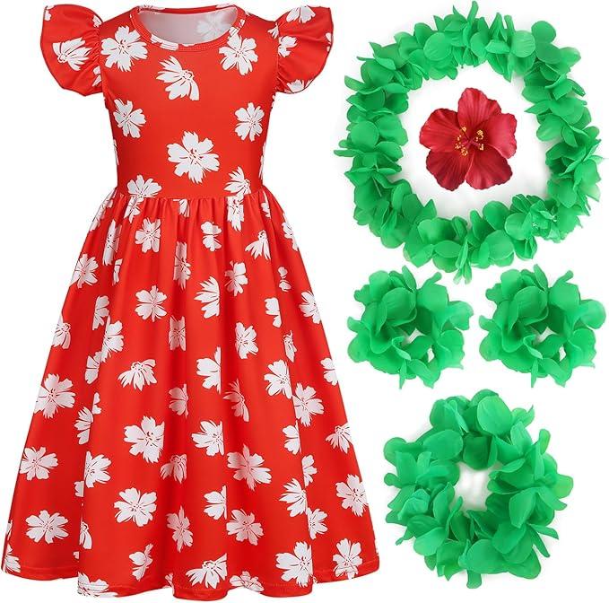 Girls Hawaiian Costume Floral Short Sleeve Dress, Kids Halloween Costumes Tropical Luau Party Outfit 9-10 Years