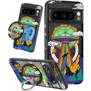 Lotadilo Cute for Google Pixel 8 Pro Case - Compatible with Magsafe Magnetic Ring Holder Stand Kickstand for Women Girls Girly Funny Fashion Pretty TPU Phone Covers UFO Alien Design
