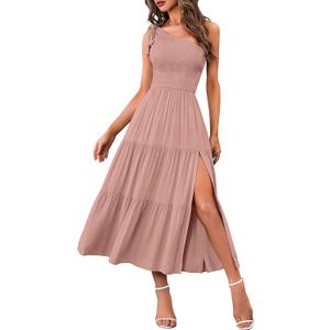 MEROKEETY Women's Summer One Shoulder Sleeveless Knot Smocked Midi Dress Split Tiered Flowy Dresses (Medium, Pink)