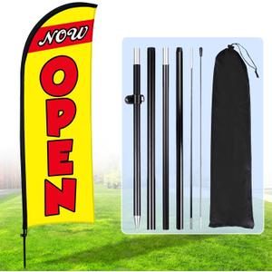 Buryeah Now Open Flag Banner for Business Advertising 7 x 5.4 ft Feather Flag Sign with Flagpole Ground Stake Portable Bag Opening Signs Banner Set for Outside Business(Yellow)