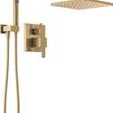 Delta Modern 14 Series Square Rain Shower System Faucet Set, Rainfall Brushed Gold Shower Head and Handle Set, Valve Trim Kit, 10 Inch, Champagne Bronze 342701-CZ