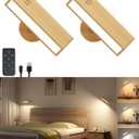 DetarZinLED Wall Sconces Rechargeable Wall Lights with 360 Rotation, Dimmable Battery Operated Wall Sconce, Magnetic Wall Light for Bedroom, Wireless Wall Mount Light (Beech Wood, 2Pack-Remote Control)