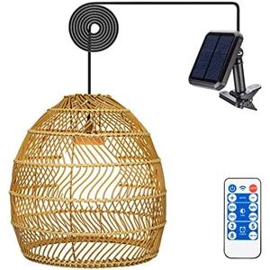 Outdoor Rattan Lantern Solar Chandelier Outdoor Pendant Lights Solar Hanging Lantern with Remote Outdoor Waterproof Pendant Lights for Gazebo Porch Patio