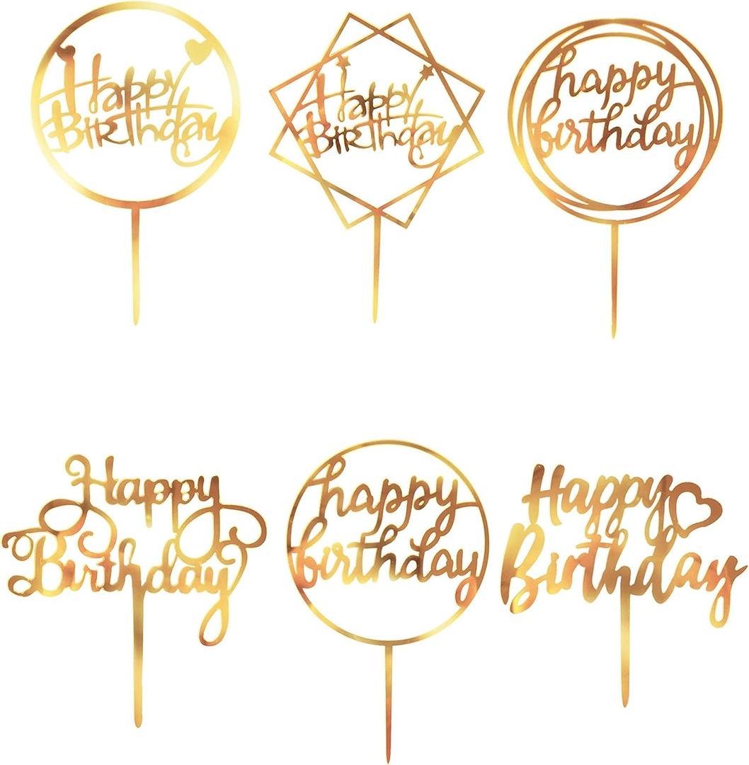 Happy Birthday Cake Toppers Gold, 18 Pcs Gold Happy Birthday Cake Topper, Acrylic Cake Decoration, Double-Sided Glitter of Birthday Cake Topper for Children or Adults (Word)