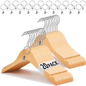 20 Pcs Wooden Baby Clothes Hangers with 20 Pcs Metal Ring Clips 12.6" Wooden Shirt Coat Hangers with Notches and Anti Rust 360 Swivel Chrome Hook for Kids Children Toddler Clothes