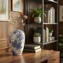 Blue and White Ceramic Vase for Home Decor Hand-Painted Porcelain Flower Vase with Gold Accents Chinoiserie-Inspired Home Decor Vase 11" for Table, Shelf, or Mantel