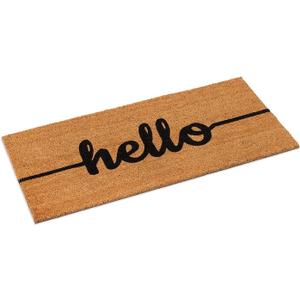 Ecomills Black Hello Coco Coir Door Mat, 22" x 47" x 0.5" - Non Slip Backing, Elegant Front Entry Mat, Natural, Indoor Outdoor, Low Profile, Easy to Clean, Durable Heavy Duty