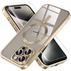 Misea Magnetic for iPhone 15 Pro Max Case [Never Yellowing] [Military Grade Drop Protection] Full Camera Lens Protector Soft Clear Phone Case for Women Girls, Titanium Gold