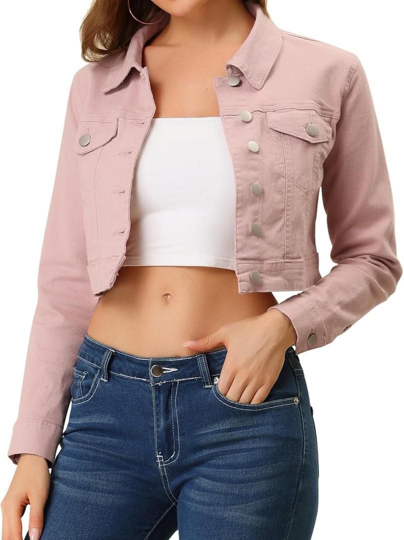 Allegra K Women's Denim Jackets 2026 Spring Casual Button Down Long Sleeves Cropped Jean Jacket (Medium), Pink