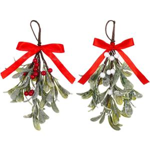 2 Pcs Artificial Mistletoe Christmas Decor, Hanging Mistletoe Ornaments with Red & White Berries for Christmas Tree, Door, Home Holiday Decor