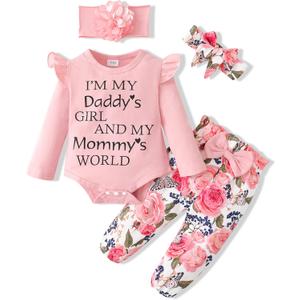 SUNNY PIGGY Newborn Infant Baby Girl Clothes Ruffle Romper Toddler Girl Floral Cotton Pant Sets Girls Clothing Outfit (3-6 Months, Pink)