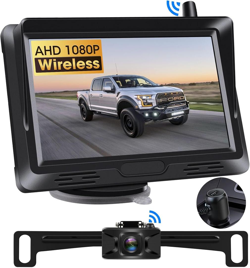 Wireless Backup Camera for Car wth 5 Inch 1080P Minitor Night Vision Reverse Rear View Camera for Truck, SUV, Van, Camper,No Wiring