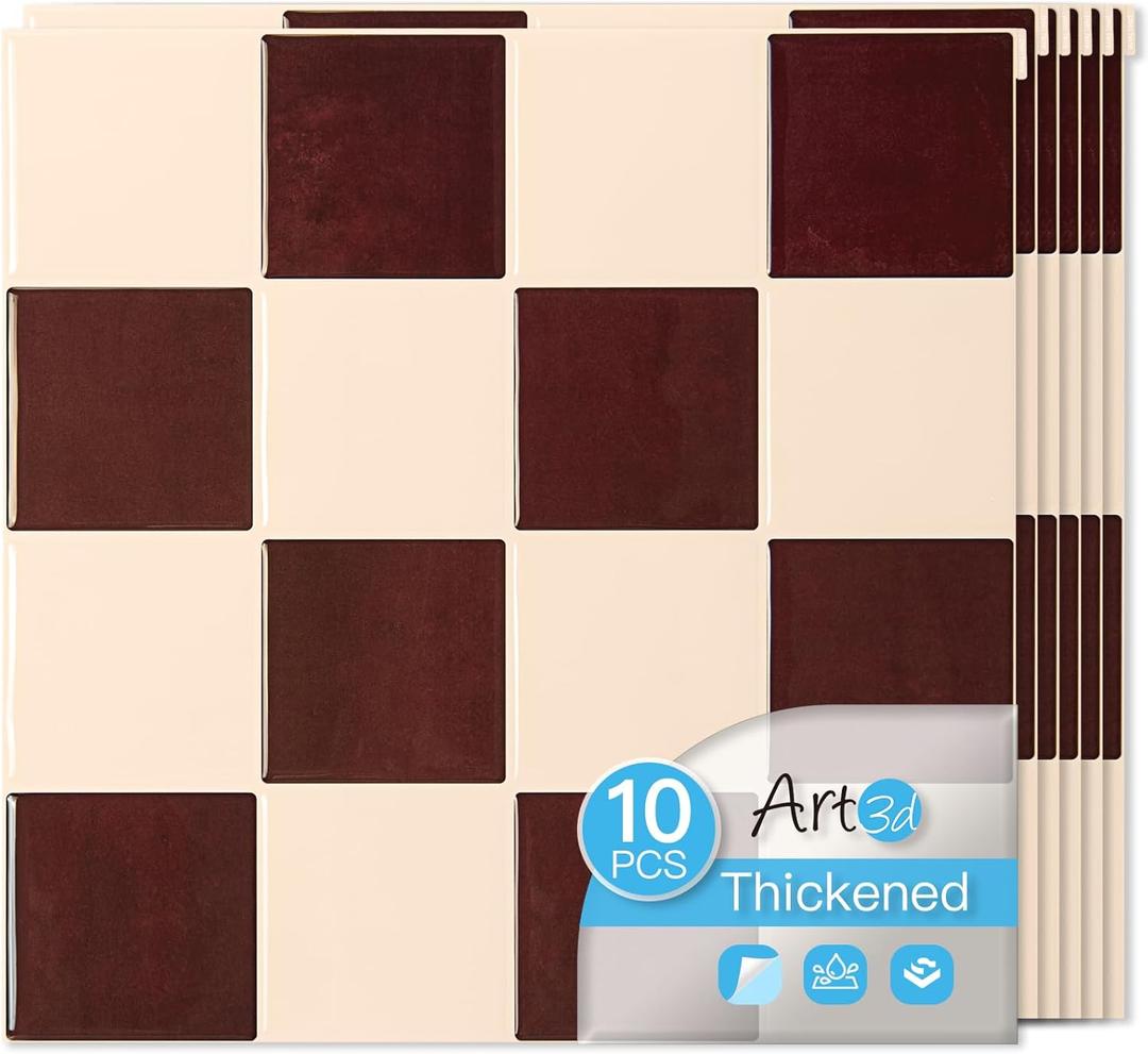 Art3d 10-Pack Heavy-Duty Peel and Stick Backsplash, 12x12 Inch Self-Adhesive Wall Tile Stick on Kitchen Countertop, Red-Brown & Warm White