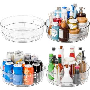 Yieach 4 Pack 12" W Clear Acrylic Lazy Susan Turntable for Cabinet, Refrigerator, Pantry and Kitchen - with Handle - Large Fridge Sauce Condiment Turn Table Organizer, Spinning Round Spice Rack Carousel
