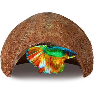 SunGrow Betta Fish Cave, Habitat Made from Coconut Shell, Soft-Textured Smooth Edged Spacious Hideout, for Resting and Breeding, 1 Pc