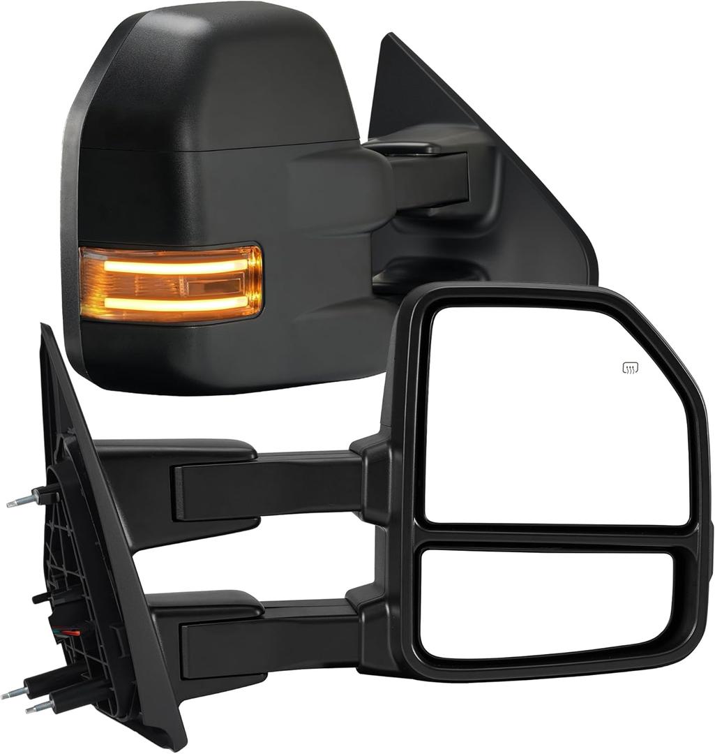 Tow Mirrors Compatible with 2004-2014 Ford F150 F-150 Pickup Truck, Extended Trailer Towing Side Mirrors with LED Puddle Light, Smoked LED Turn Signal, Power Heated Adjustable, Black Housing