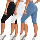 High Waisted 3 Pack Women's Capri Pants - Knee Length Yoga Shorts, Biker Workout Leggings for Women, Summer Activewear (Black/White/Light Blue, Small to Medium)