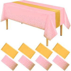 8 Pack Pink and Gold Plastic Tablecloths and Table Runner Set, Pink Gold Disposable Tablecloth Waterproof Wrinkle-Resistant Satin Table Runner for Wedding Birthday Graduation Bridal Shower Holidays