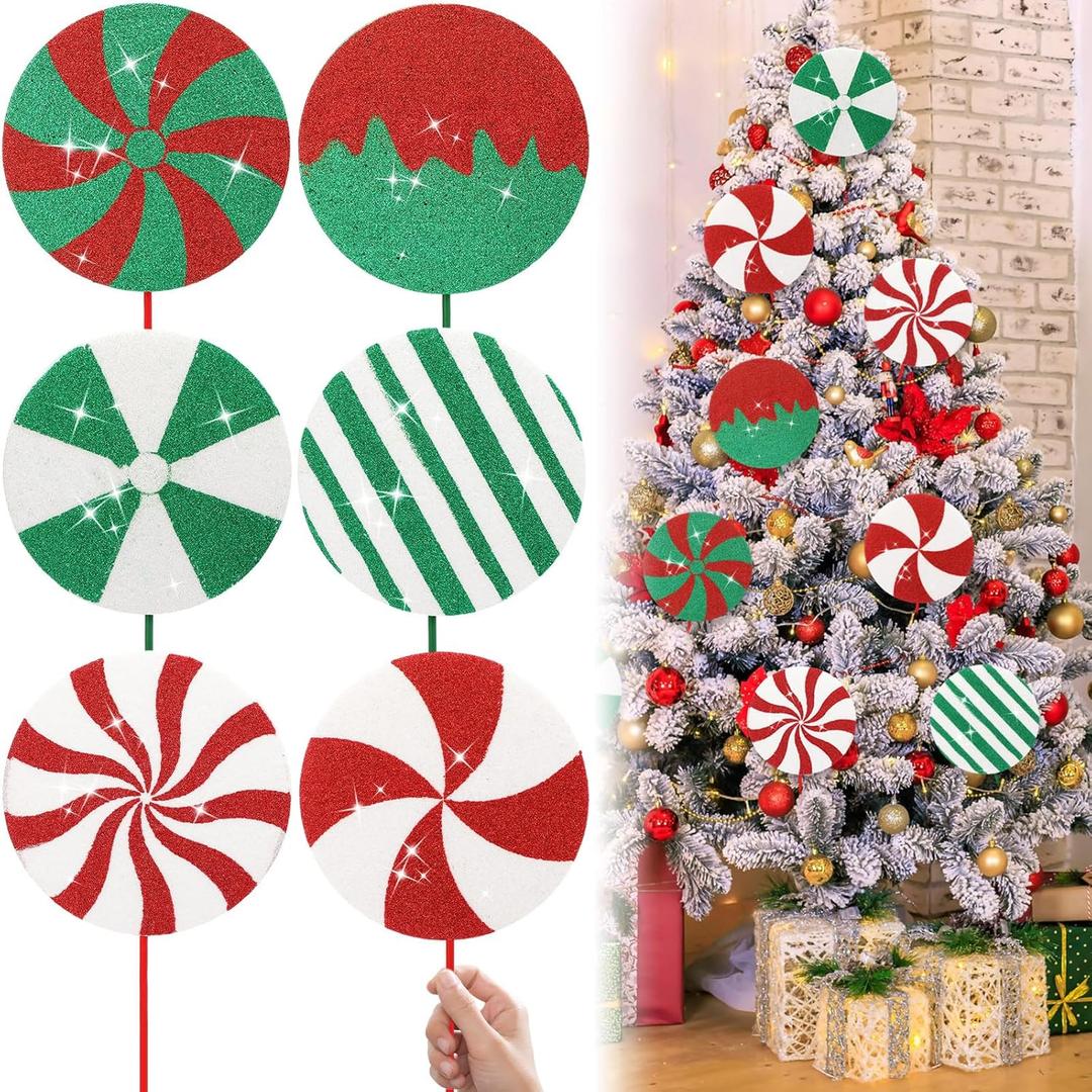6 Pcs 15.75'' Large Glitter Candy Christmas Decorations Giant Red Green Lollipop Candy Decorations with Sticks Red White Peppermint Xmas Decor for Christmas Tree Ornaments Holiday, 6 Styles