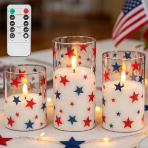 LUSHARBOR Patriotic Flameless Candles with Remote, 4th of July Battery Operated Candles with Star Decor, Set of 3 Glass LED Electric Candles for Home Party Patriotic Holiday Decor