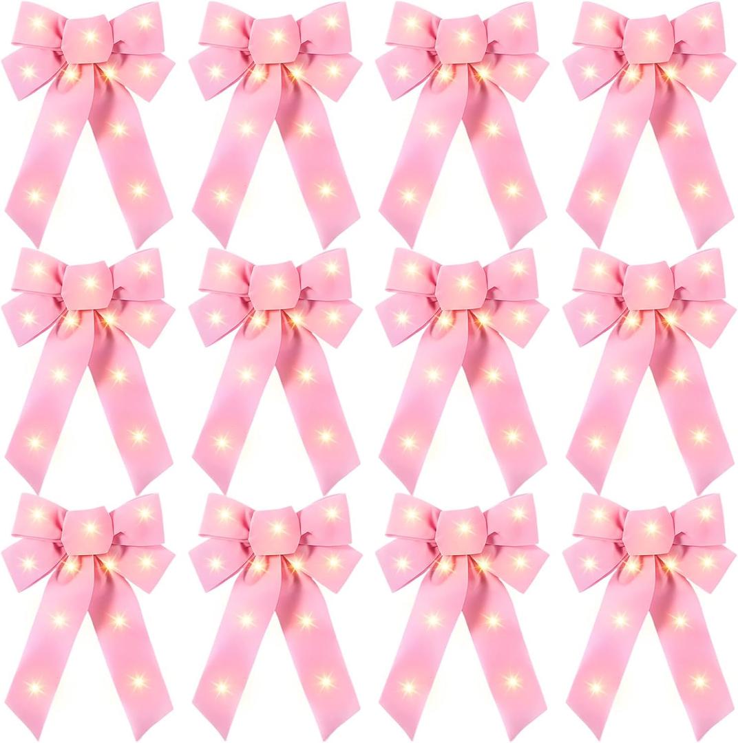 Crowye 12 Pcs Large LED Valentines Bows Lighted Velvet Bows Decoration Wreath LED Light Bow Christmas Tree Topper for Indoor Outdoor Xmas Winter Decoration(5 x 8 Inches,Pink)