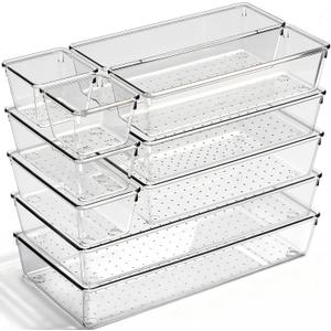 Drawer Organizer, 10 Pack Large Clear Plastic Organizer Bins 5 Sizes, Versatile Bathroom Drawer Trays, Heavy Duty NonSlip Drawer Dividers for Makeup, Office & Kitchen Utensils