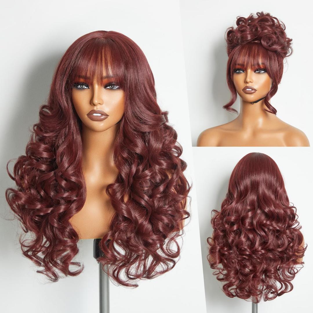 GORGIUS Glueless Wigs with Bang Body Wave Wig Long Natural Burgundy Color Wavy Wig Crafted with Style-Archive Technology: Premium Fiber & Remy Human Hair Blend, Realistic Look with True Scalp